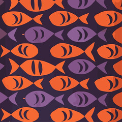 Fototapeta premium Seamless Pattern of Orange and Purple Fish on a Navy Blue Background
