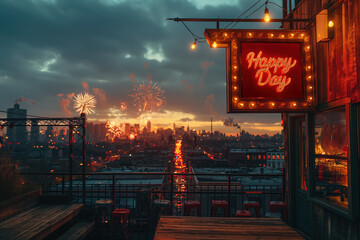 Happy day neon sign with fireworks exploding over new york city skyline at sunset