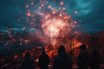 Fototapeta premium Group of friends watching fireworks exploding over city skyline at night