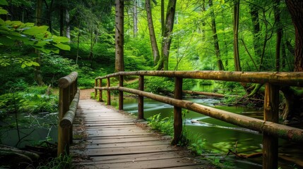 Obraz premium A serene wooden bridge over a tranquil stream in a vibrant green forest , peaceful, wooden, bridge, stream, lush, green, forest