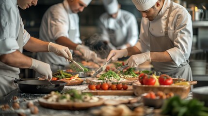 Professional chefs preparing gourmet meals in busy restaurant kitchen.