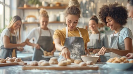 Group of women enjoying baking together in a bright kitchen