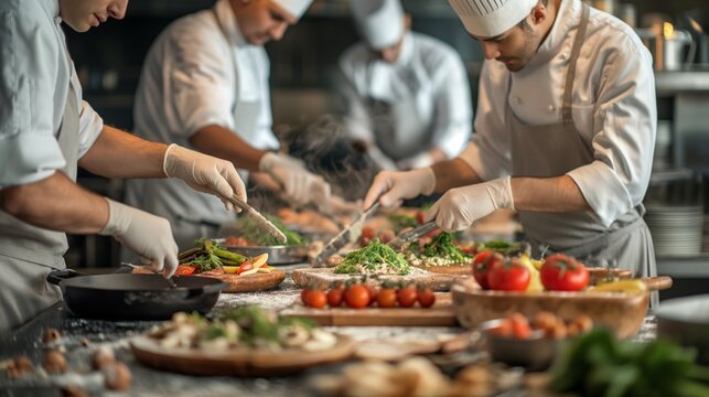 Professional chefs preparing gourmet meals in busy restaurant kitchen.