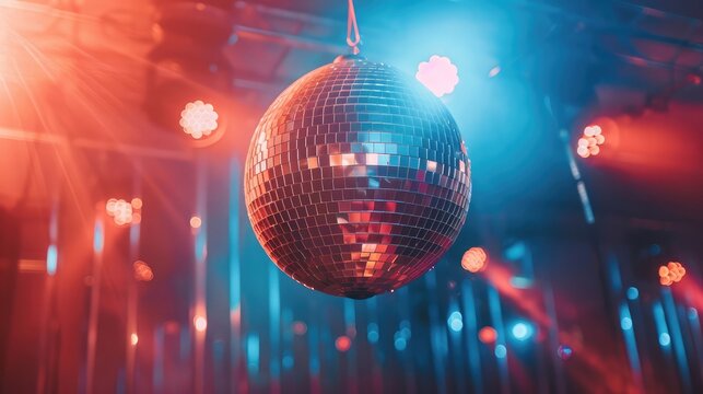 A shimmering mirror ball hangs from the ceiling, casting a dazzling array of light and reflections across a darkened dance floor, mirror ball, disco ball, nightclub, dance club, party