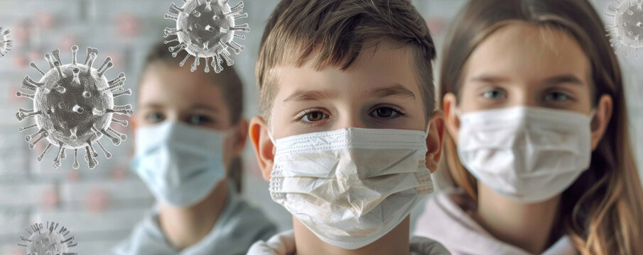 Three children wearing masks in front of a wall with a virus. Scene is serious and cautionary