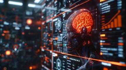 Fototapeta premium Neural holographic display projecting 3D data, advanced neural holography, futuristic information interface