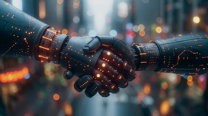 Two robots shaking hands on a digital background with glowing dots and lines, symbolizing technology network connection in business