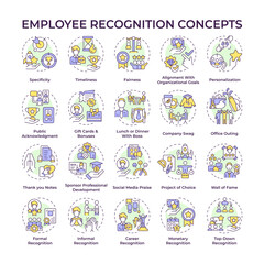 Employee recognition multi color concept icons. Workers motivation. Workplace culture. Boost morale. Appreciate staff. Icon pack. Vector images. Round shape illustrations. Abstract idea