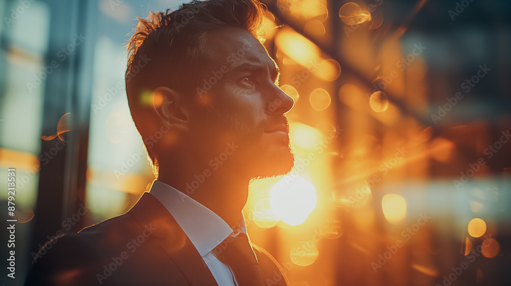 Poster Businessman bathed in light, business success concept, professional setting, confident and successful, sharp clarity, modern background