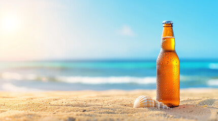 Ice-cold beer bottle with a seashell necklace, resting on hot sand, waves crashing in the background, summer beach, decorative refreshment