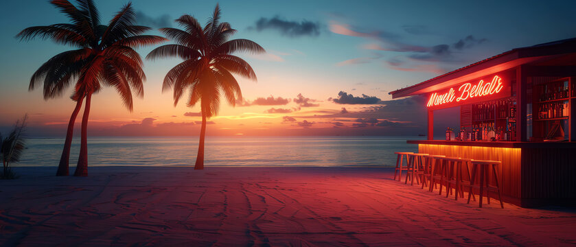 Tropical beach bar serving cold beers with palm trees in the background, beach, island life