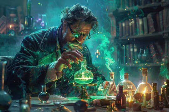 Scientist pouring a glowing elixir between ornate glass flasks.