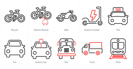 A set of 10 mix icons as bicycle, electric bicycle, bike