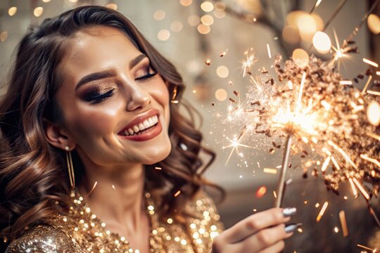 A party. A happy girl in a festive dress with sparklers surrounded by gold confetti and sequins. The concept of birthday and New Year celebrations. Close-up.
