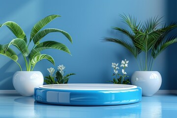 Obraz premium Empty blue podium with tropical plants in white pots for product presentation. 3D rendering of mockup display stand on a blue background, ideal for cosmetics or skincare products.