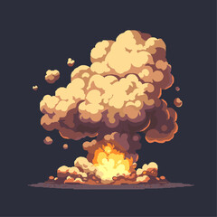 Cartoon explosion with fire and smoke on dark background