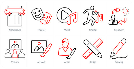 A set of 10 art icons as architecture, theater, music