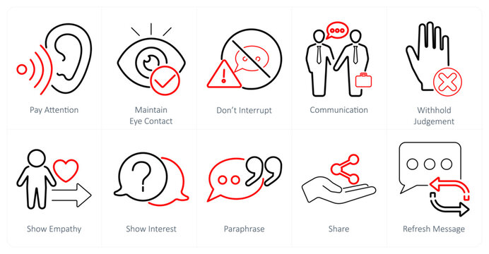 A set of 10 active listening icons as pay attention, maintain eye contact, dont interrupt