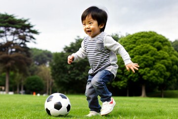 Asian Child Playing Soccer in Park
