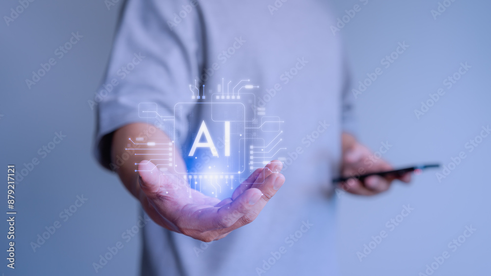Poster Displaying on a virtual screen, user show AI application icon for security protection, leveraging AI technology to facilitate smooth global internet-connected chatbot conversations.
