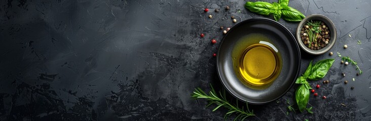 bowl with olive oil, spicy fresh herbs, pepper mixture and seasonings on dark background, kitchen background, copy space, place for text, top view