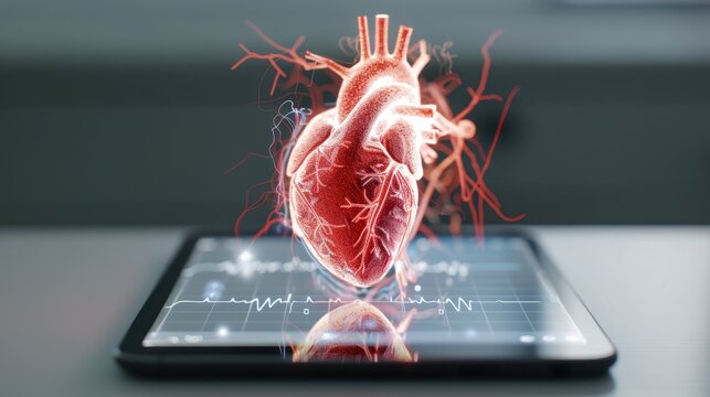 An educational AR app showing the inner workings of a human heart in 3D, projected above a tablet for a biology lesson