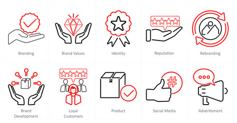 A set of 10 branding icons as branding, brand values, identity