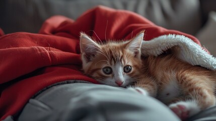 Adorable small orange and white kitten with grey paws laying on the lap of a person wearing gray cargo pants and a red sweatshirt in a cozy living room setting, for a heartwarming moment.