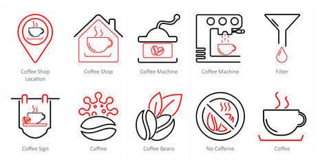 A set of 10 coffee icons as coffee shop location, coffee shop, coffee machine