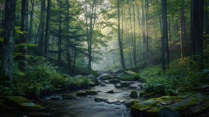 Obraz premium A tranquil forest scene at dawn, soft light filtering through the trees, a gentle stream flowing