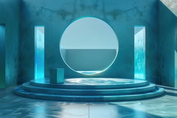Blue futuristic pedestal stage platform with a large porthole window, ideal for product placement