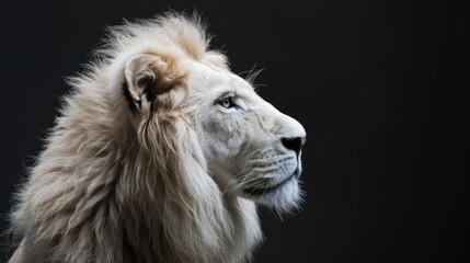 White lion portrait isolated on lack background, close up.