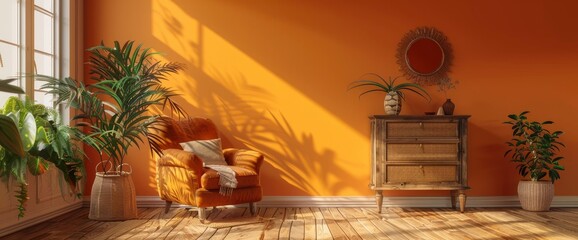 Orange boho style interior with a comfy armchair, dresser, and decor, illustrated in a vibrant 3D render