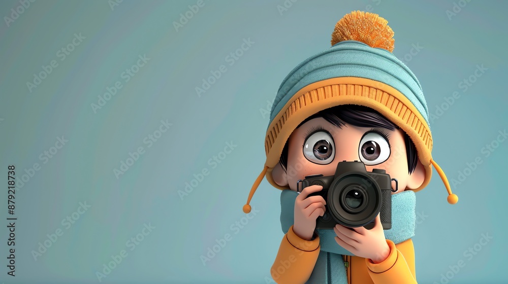 Wall mural A 3D cartoon boy with dark hair, wearing a blue hat and scarf, holds a camera and looks into the lens.