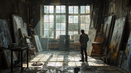 Fototapeta premium An artist's studio filled with canvases and paint, sunlight streaming through large windows, the artist in a moment of epiphany, surrounded by creative energy