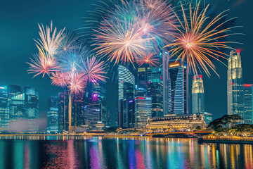 Colorful fireworks exploding over singapore's business district at night