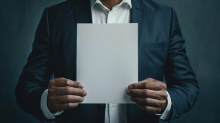 A man in a suit holding a blank piece of paper. Concept of professionalism and formality, as the man is dressed in a suit and tie. The blank paper suggests that he may be presenting a proposal, a plan