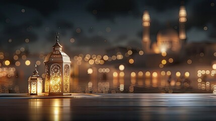 Fototapeta premium A single ornate lantern sits on a tiled floor in a mosque courtyard. The lantern glows softly in the dim light of the night