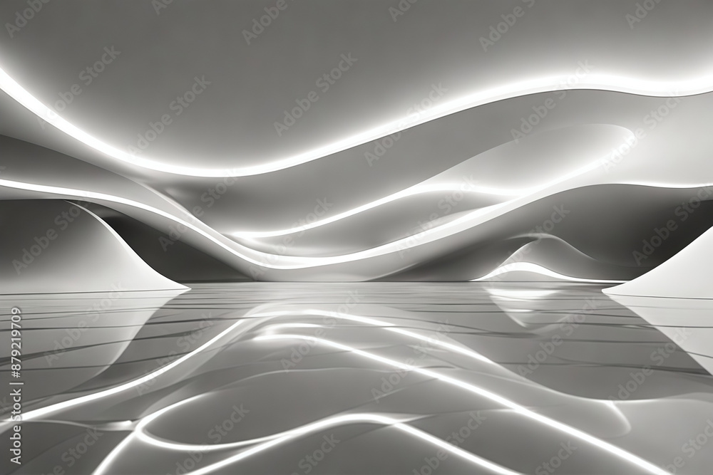 Poster abstract wave shape white building with floor reflection 3d rendering