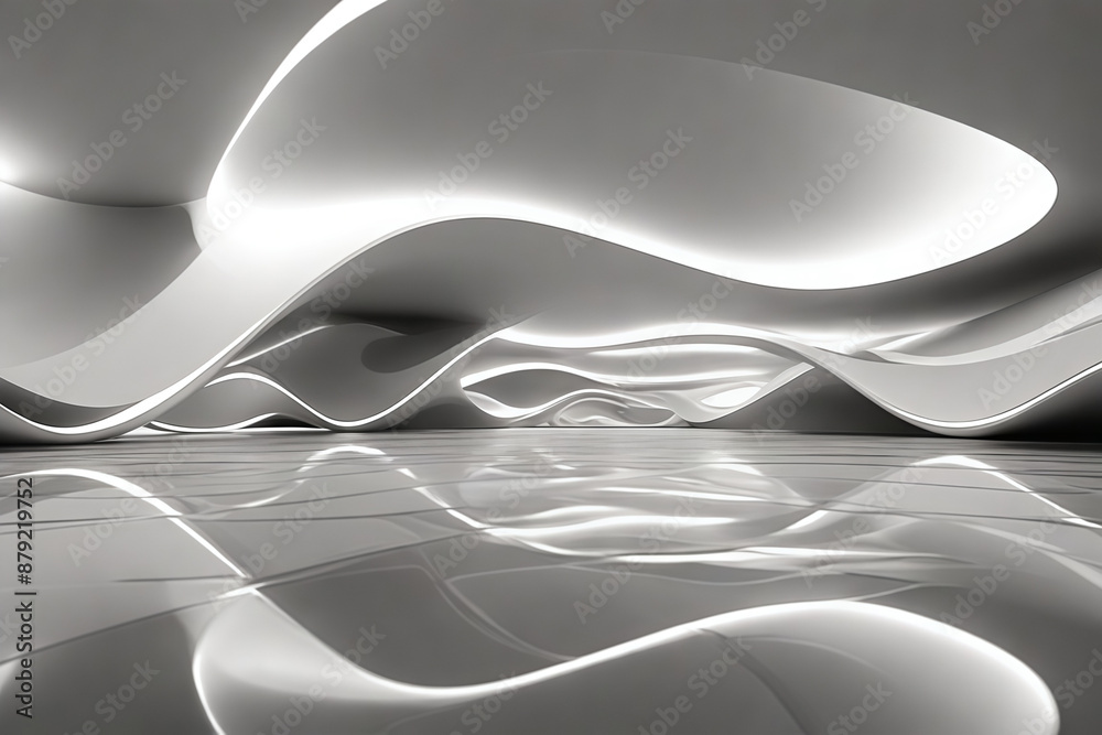 Poster abstract wave shape white building with floor reflection 3d rendering