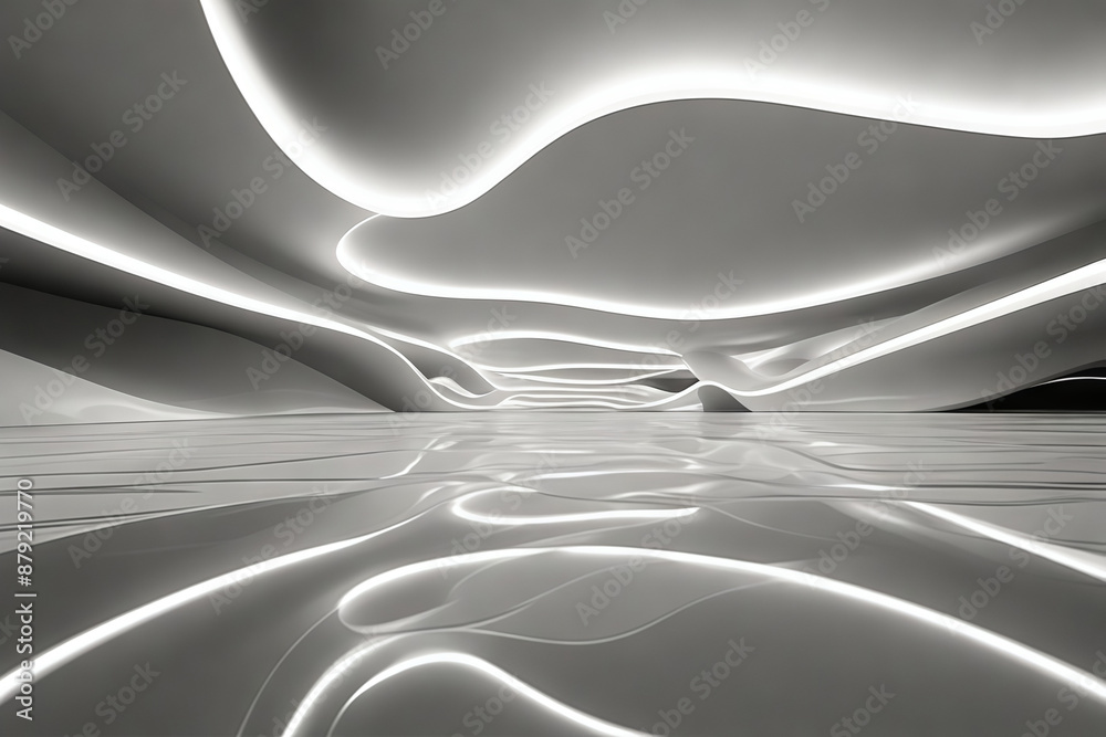 Poster abstract wave shape white building with floor reflection 3d rendering