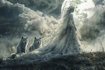 Naklejka premium luna, a silver standing maiden glowing with the light of moon, and two wolves laying beneath her feat, in the illustration art
