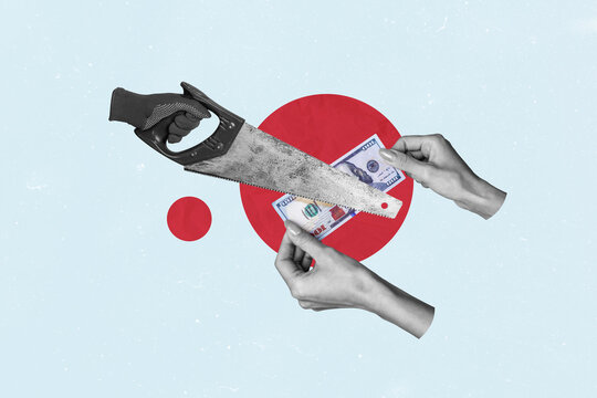 Composite photo collage of hand wear glove repairman tool saw cut dollar banknotes bankrupt problem waste isolated on painted background