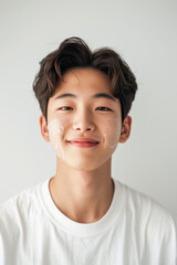 A Korean teenager with facial cream on his cheeks, smiling and enjoying his skincare