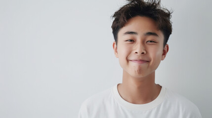 A Korean teen with braces and facial foam, happily showing his skincare routine