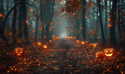 Spooky forest scene with glowing jack-o'-lanterns lighting up a dirt path covered in fallen leaves, perfect for Halloween ambiance.