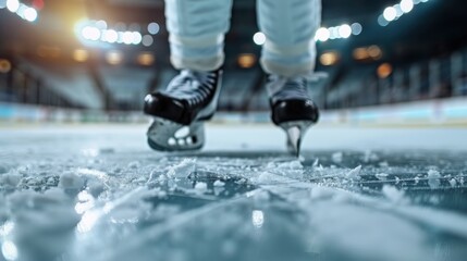 Focused view of ice hockey skates skating on the ice rink, capturing the ice shavings and...