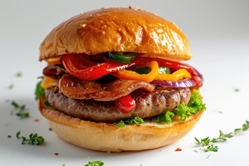 PORKA VAKKA Hamburger made of Light Brioche Hamburger Buns, artisan sausage rolled, crispy bacon, peppers, stewed onion and Tabasco, off white background