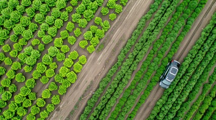 A black car drives through two rows of crops from an aerial perspective