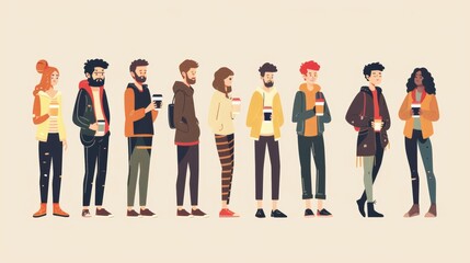 Fototapeta premium The group of colleagues and friends is drinking coffee during a break at work. A modern illustration of communication and break at work